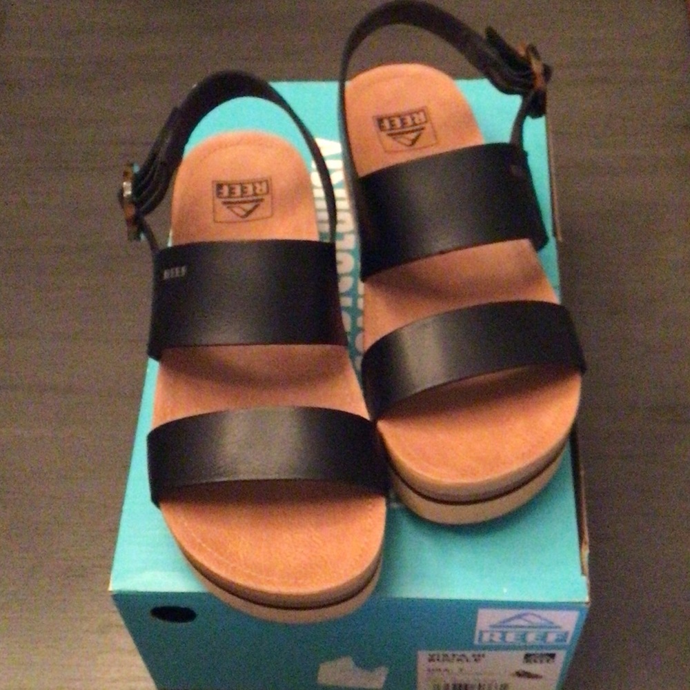 Reef Black Strappy Platform Sandals with Tan Footbed